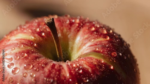 A close-up view of a fresh red apple with water droplets on its surface