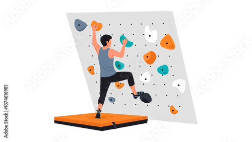 Person climbing indoor rock wall in flat style with vibrant holds