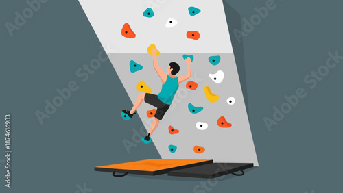 Flat design indoor rock climbing scene with colorful holds and climber