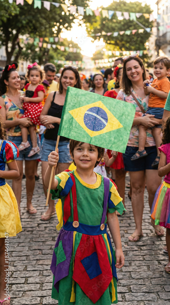Naklejka premium a young boy in colorful patchwork dress holding a Brazilian flag, standing in a crowded street festival.