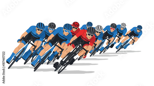 Cyclists racing in formation with dynamic motion and competition in vibrant sportswear