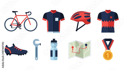 Cycling equipment icons featuring bike, helmet, and gear in flat design for biking enthusiasts