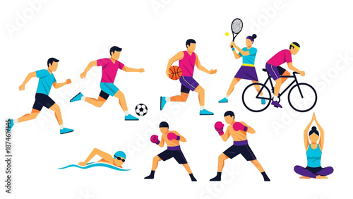 Dynamic flat style illustrations of varied sports and fitness activities