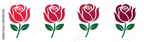 Four red rose icons in a row with varying shades of crimson and maroon. Simple flat vector flowers for decorative borders and patterns.