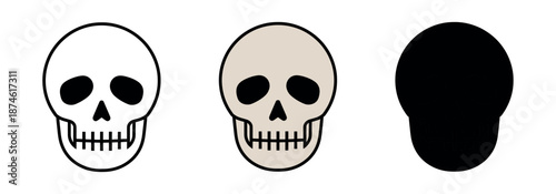 Three human skull icons in simple flat style: outline, beige, and black silhouette. Ideal for Halloween or anatomy diagrams.