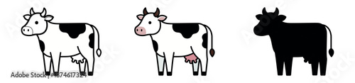 Professional farm cow icons in three variations: black and white line art, colored realistic version, and flat black silhouette.