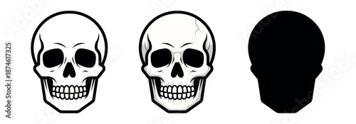 Detailed human skull illustration with anatomical features in outline, shaded, and silhouette versions. Professional vector graphic.