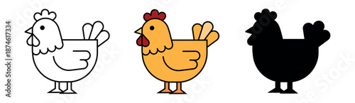 Simple flat vector chicken icon set including outline, yellow color, and black silhouette styles. Minimalist farm animal design.