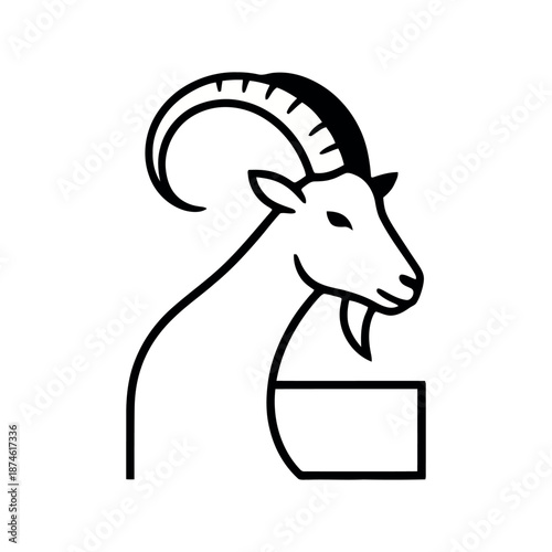Minimalist black and white line art profile of a goat head with long curved horns. Stylized zodiac or farm animal logo.