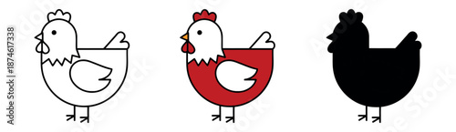 Minimalist red chicken icon set with thin line art, colored, and silhouette versions. Clean geometric design for apps or logos.