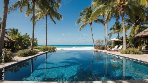 Luxury hotel by the ocean with palm trees and a serene swimming pool