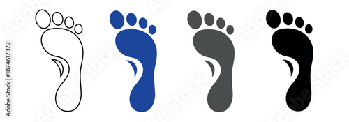 Single human footprint icon set in outline, blue, grey, and black. Minimalist foot sole silhouette isolated on white.