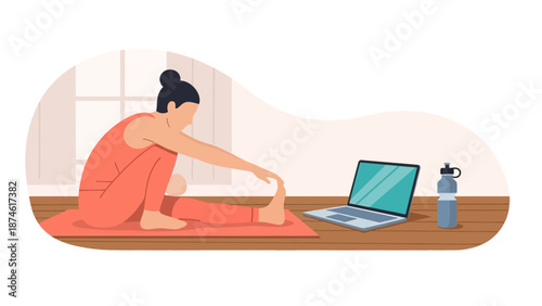 Home workout: woman practicing yoga with laptop guidance