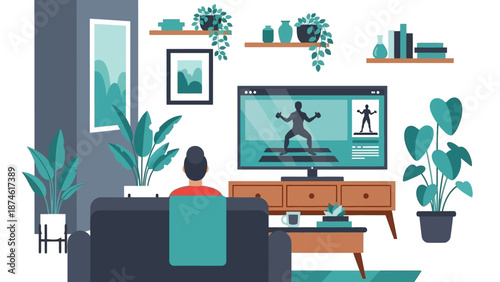 Home workout scene with virtual trainer on tv in modern living room