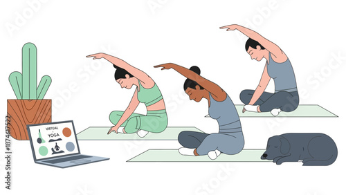 Online yoga practice: diverse group exercises with pets and plants