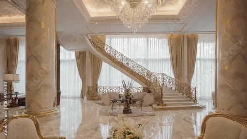 Luxurious Interior with Staircase and Columns in a Grand Hall
