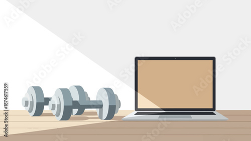 Home workout setup with laptop and dumbbells on wooden floor in minimalist style