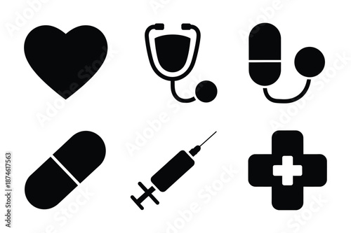 Healthcare and medical equipment silhouette icons for pharmacy