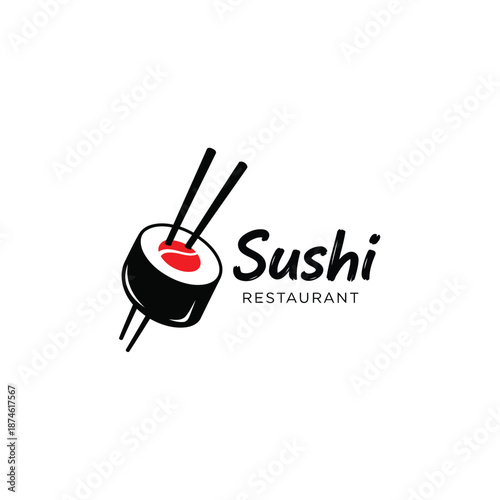 Japanese Sushi Roll Restaurant Logo with Chopsticks