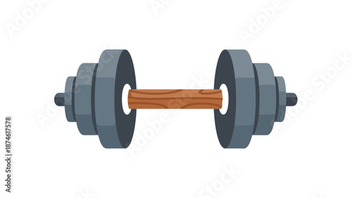 Realistic dumbbell with wooden handle on white background