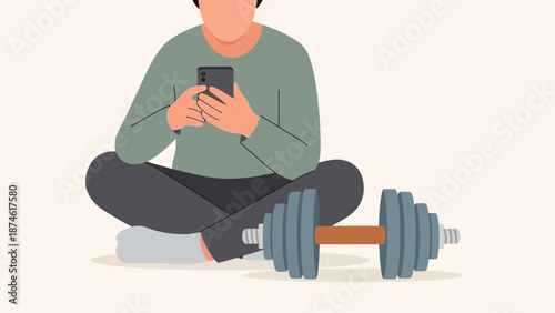 Young adult sitting on floor with smartphone and dumbbell nearby