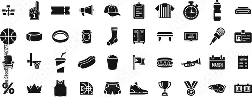 Basketball icon set featuring sports equipment and game day elements like jersey, trophy, and scoreboard for athletic designs