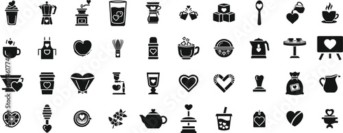 Coffee love icon set featuring cafe equipment and beverages with heart shapes for barista branding and coffee shop menus