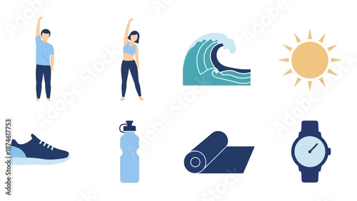 Fitness routine and summertime icons featuring stretching, yoga, and beach elements