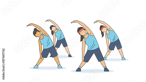 Group fitness class with women stretching in flat style on white background