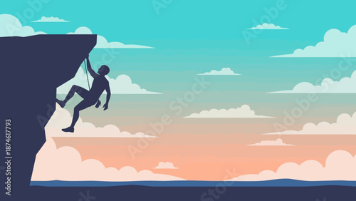 Silhouette rock climber at sunset with dramatic sky and clouds