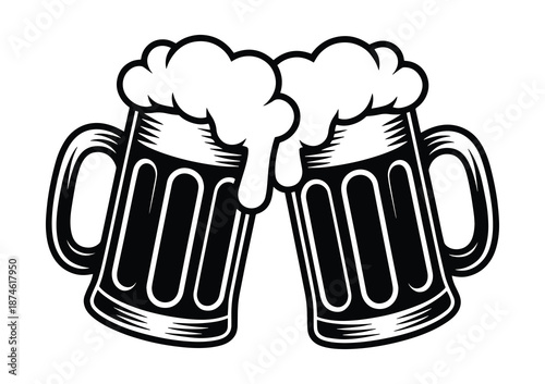 Two frothy beer mugs clinking together in a celebratory toast, Overflowing beer mugs touching in a cheerful toast, Illustration of two toasting beer mugs, Cheers, Clinking glass tankards full of beer