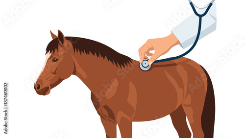 A veterinarian's hand holding a stethoscope to examine a brown horse, symbolizing animal care, health, and veterinary medicine.