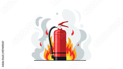 A red fire extinguisher surrounded by flames and smoke, symbolizing fire safety, emergency response, and hazard control.