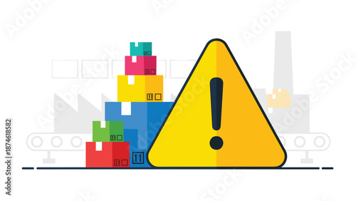 A large yellow warning sign with an exclamation mark positioned next to colorful stacked boxes, representing production issues and logistics challenges.
