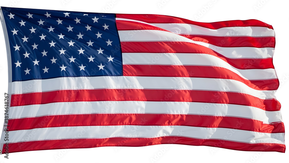 Fototapeta premium American flag waving gently in the wind isolated on white background