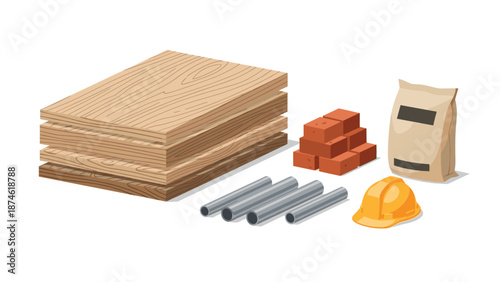 A collection of essential construction materials including wooden planks, bricks, cement, metal pipes, and a safety helmet, on a white background.