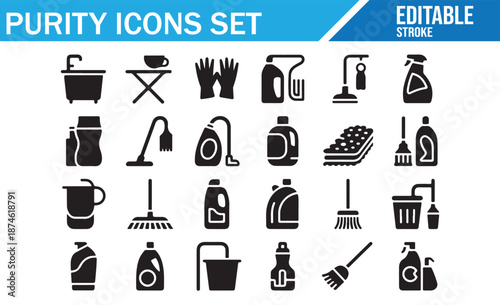 Purity and Hygiene Glyph Icons - Black Vector Symbols for Housekeeping.