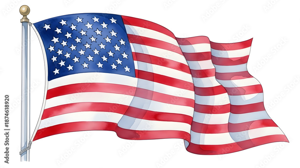 Fototapeta premium American flag waving on a white background with a pole and gold finial