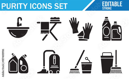 Cleaning and Purity Silhouette Icons Set - Vector Symbols for Hygiene and Housework.