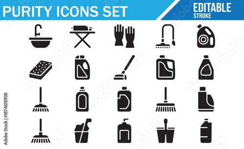 Purity Icons Set. Black Silhouette Symbols for Cleaning, Hygiene, and Washing. Vector Collection of Detergents, Mops, Gloves, and Housework Tools.
