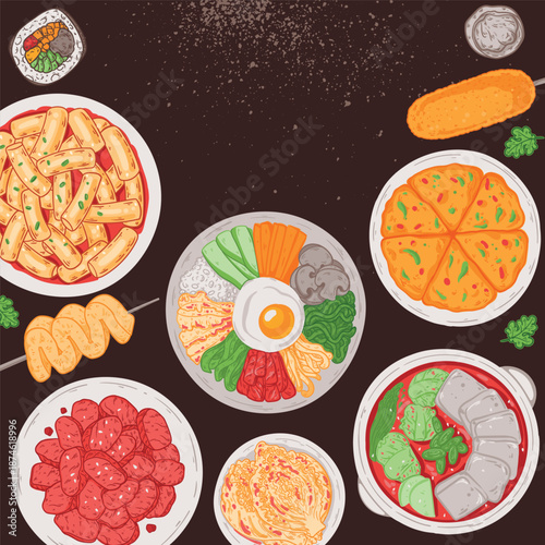 Korean food vector drawing. Top view Korean food dishes vector illustration. Flat style. Tteokbokki, bulgogi, bibimbap, pajeon, jjigae, kimchi, corn dog, odeng, kimbap.