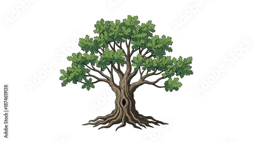 A majestic, gnarled old tree with sprawling branches and exposed roots, symbolizing wisdom, resilience, nature's beauty, and ancient forests.
