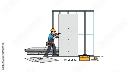 A construction worker using a power drill to install drywall panels onto a metal stud frame, representing home renovation and carpentry.