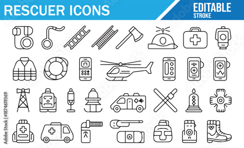 Disaster and Emergency Response Icons - Line Vector Collection with Helicopter and Ambulance.