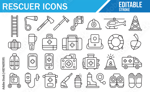 Urgent Care and Rescue Graphics - Outline Icons with Editable Stroke for Designers.