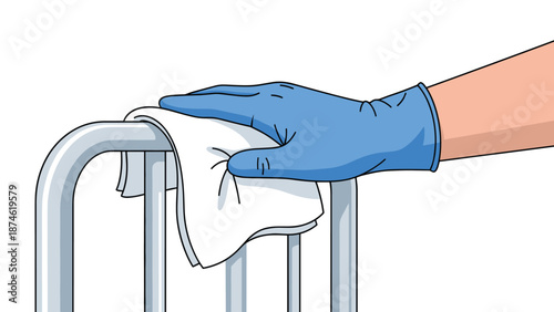 A gloved hand diligently wiping down a metal railing with a white cloth, illustrating hygiene, sanitization, and cleaning protocols.