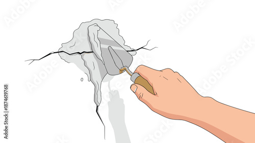 A hand holding a trowel applying fresh plaster to a large crack in a white wall, illustrating home maintenance and DIY repair projects.