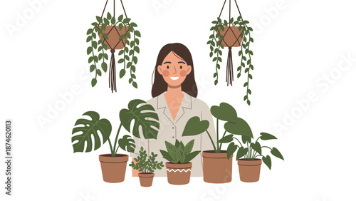 A smiling woman surrounded by a variety of houseplants, showcasing her passion for gardening, nature, and creating a green home environment.