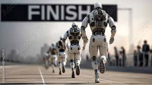 Futuristic ai robots racing towards finish line in competitive speed challenge