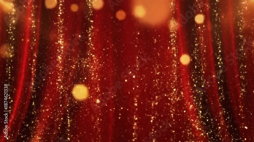 Abstract red curtain background with golden bokeh lights and sparkles